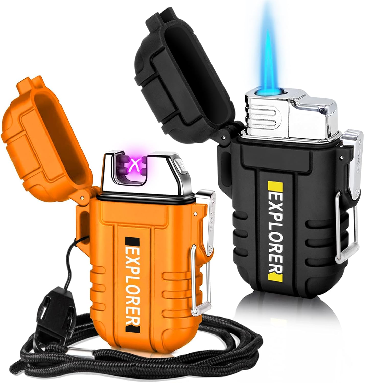 2 Pack Waterproof Lighter Outdoor Windproof Torch Lighters Dual Arc Butane Electric Lighters USB Rechargeable Lighters Flameless Plasma Lighter Camping Hiking Adventure Survival Tactical Gear